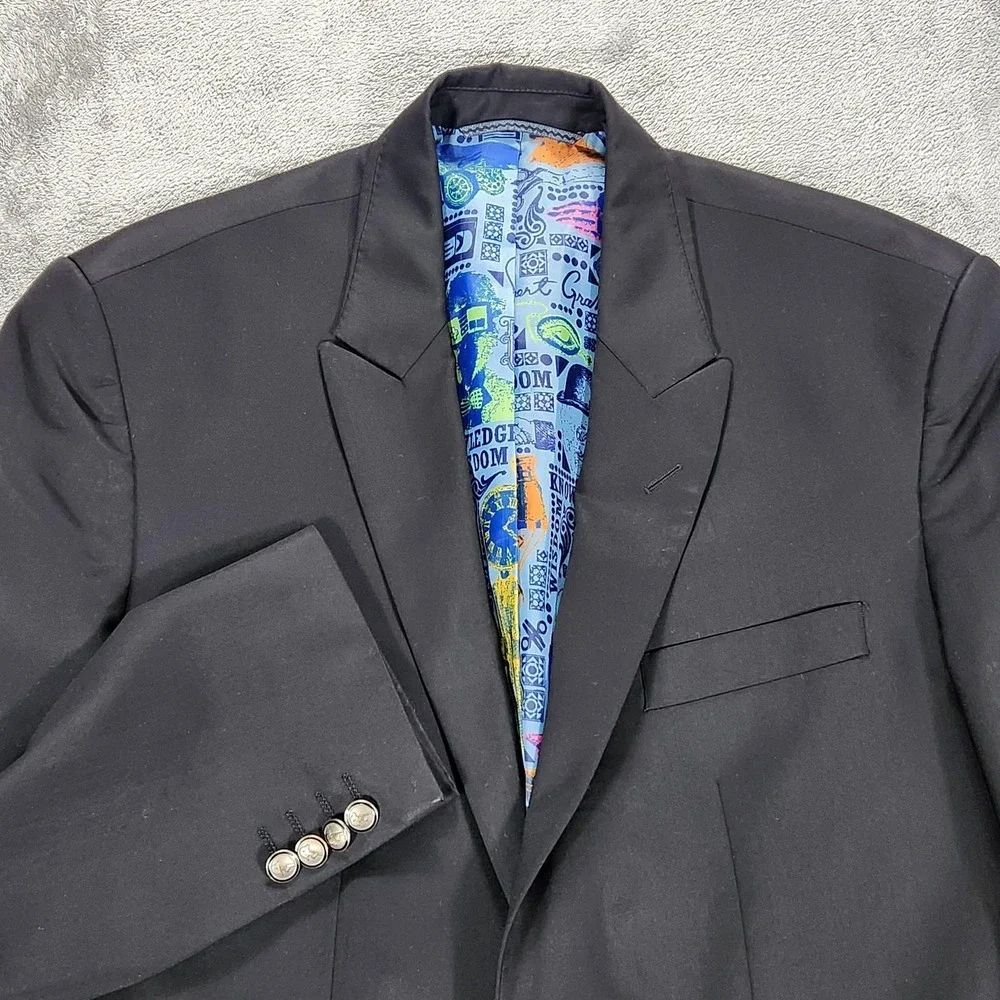 Robert Graham Blazer Mens 42L Black Wool Colorful Lining Sport Coat Jacket